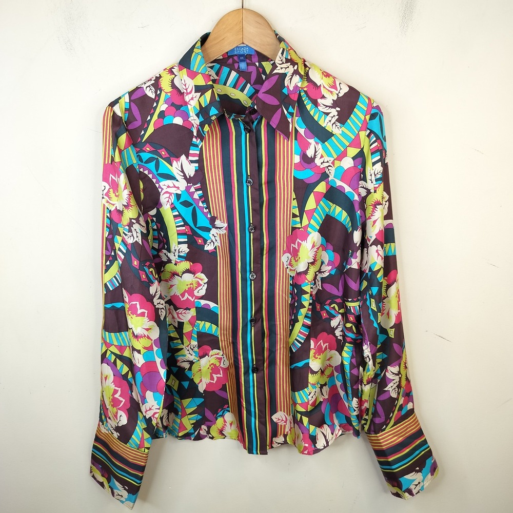 Escada Silk Button Up Shirt Womens 44 (12/04) Floral Geometric Psychedelic Mod